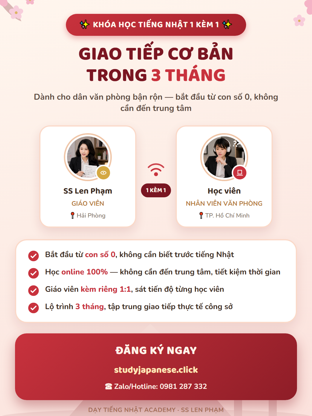 Khóa học giao tiếp tiếng Nhật cơ bản trong 3 tháng - 1 kèm 1